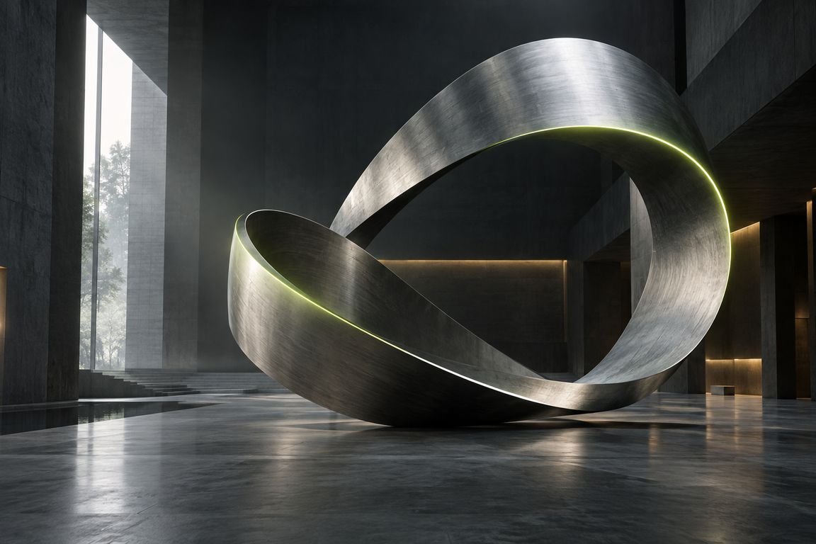 Sculptural metal ribbon forming a continuous architectural loop